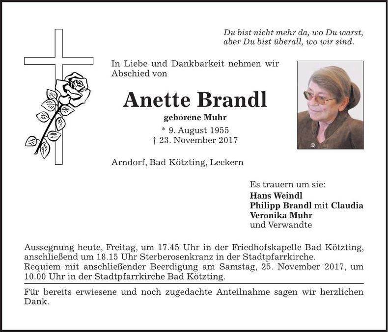 Traueranzeige Anette Brandl