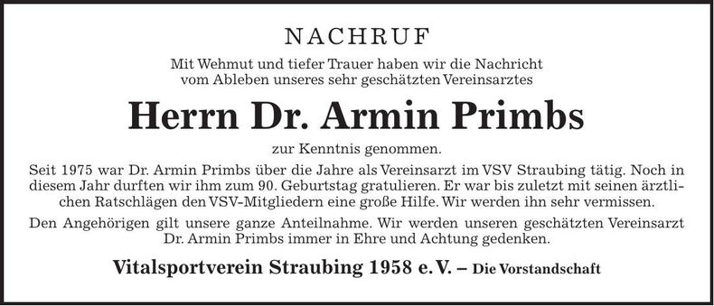 Traueranzeige Armin Dr. Primbs