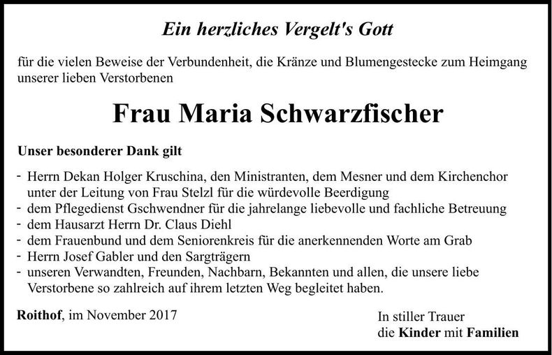 Traueranzeige Maria Schwarzfischer
