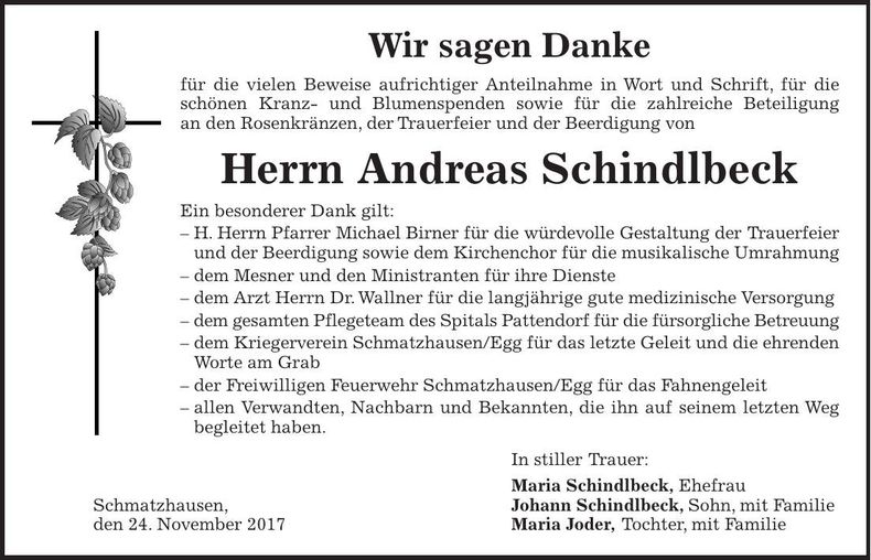 Traueranzeige Andreas Schindlbeck