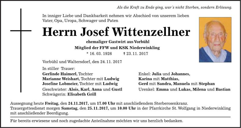 Traueranzeige Josef Wittenzellner