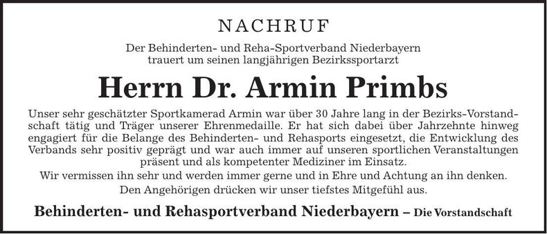 Traueranzeige Armin Dr. Primbs
