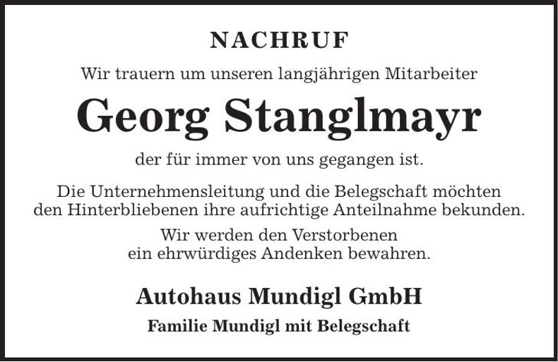 Traueranzeige Georg Stanglmayr