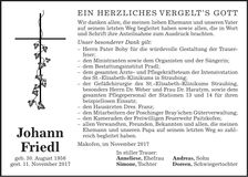 Traueranzeige Johann Friedl