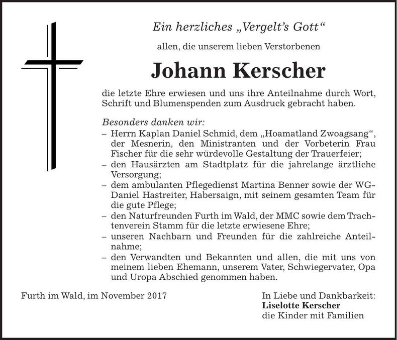 Traueranzeige Johann Kerscher