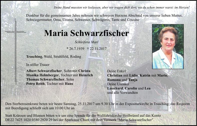 Traueranzeige Maria Schwarzfischer