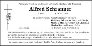 Traueranzeige Alfred Schranner