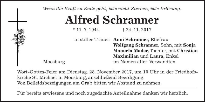Traueranzeige Alfred Schranner