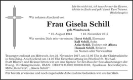 Traueranzeige Gisela Schill