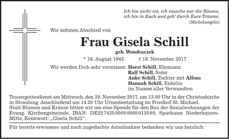Traueranzeige Gisela Schill