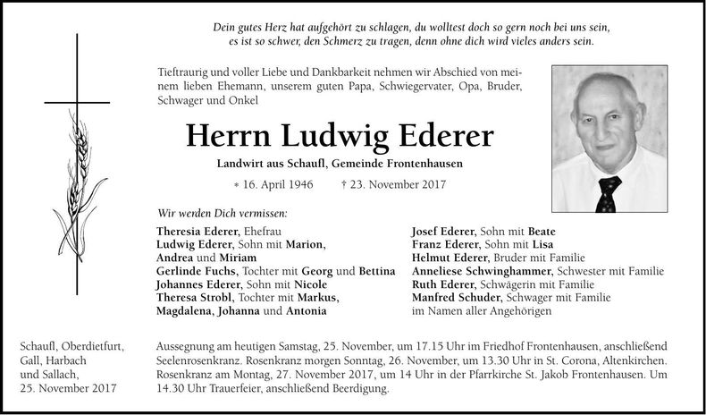 Traueranzeige Ludwig Ederer