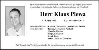 Traueranzeige Klaus Plewa