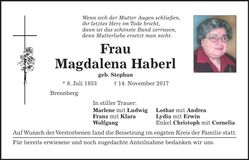 Traueranzeige Magdalena Haberl