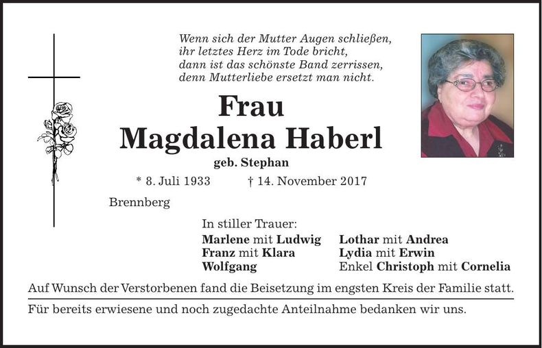 Traueranzeige Magdalena Haberl