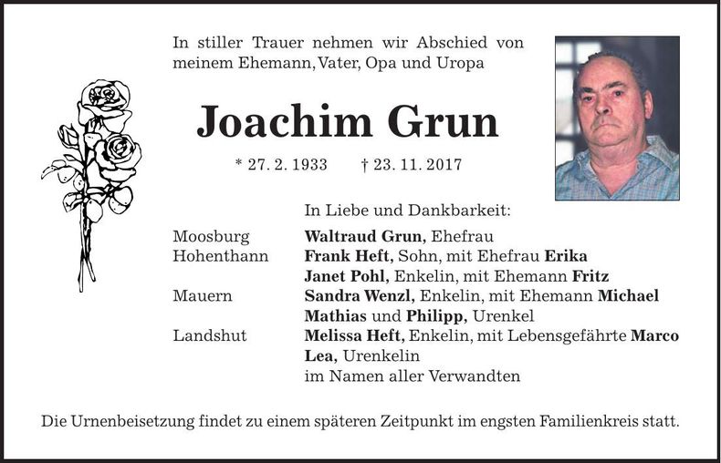 Traueranzeige Joachim Grun