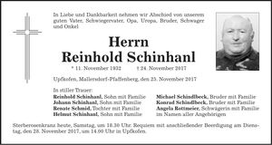 Traueranzeige Reinhold Schinhanl