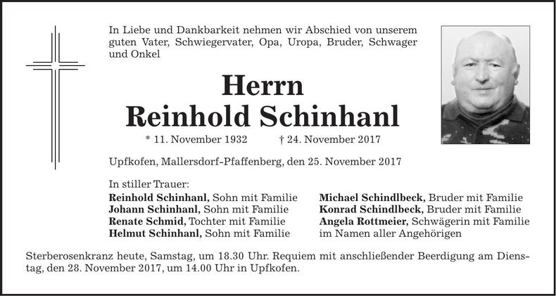 Traueranzeige Reinhold Schinhanl