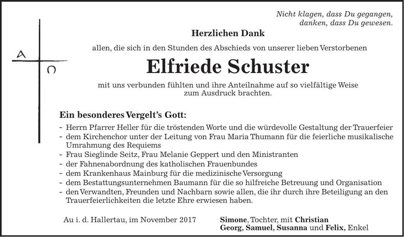 Traueranzeige Elfriede Schuster