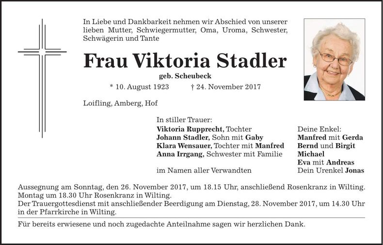 Traueranzeige Viktoria Stadler