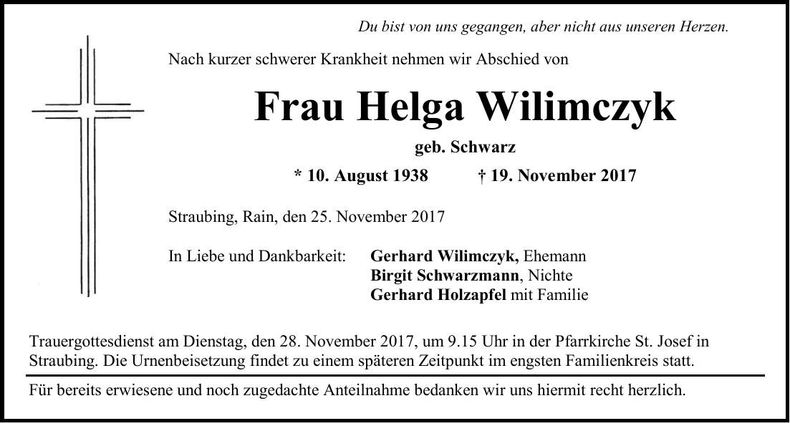 Traueranzeige Helga Wilimczyk