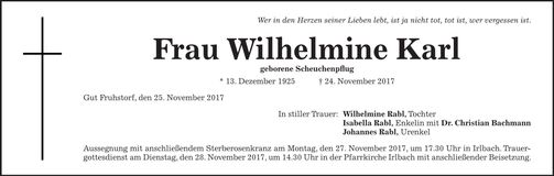 Traueranzeige Wilhelmine Karl