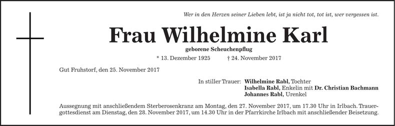 Traueranzeige Wilhelmine Karl