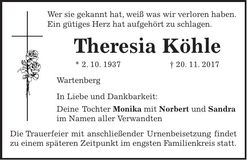Traueranzeige Theresia Köhle