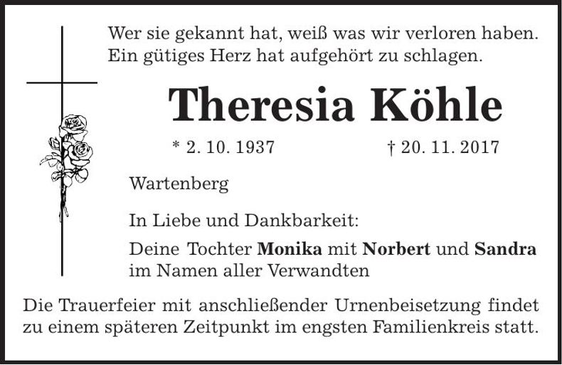 Traueranzeige Theresia Köhle