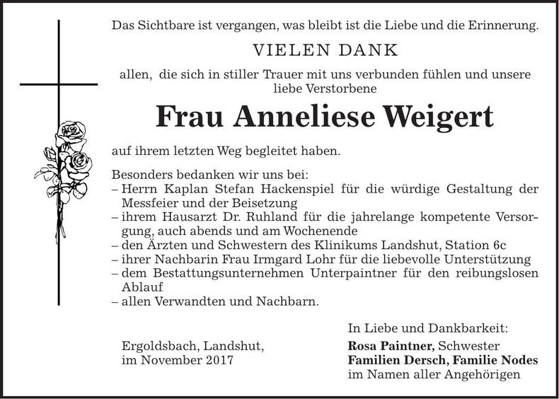 Traueranzeige Anneliese Weigert
