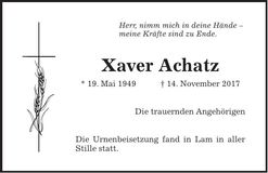 Traueranzeige Xaver Achatz