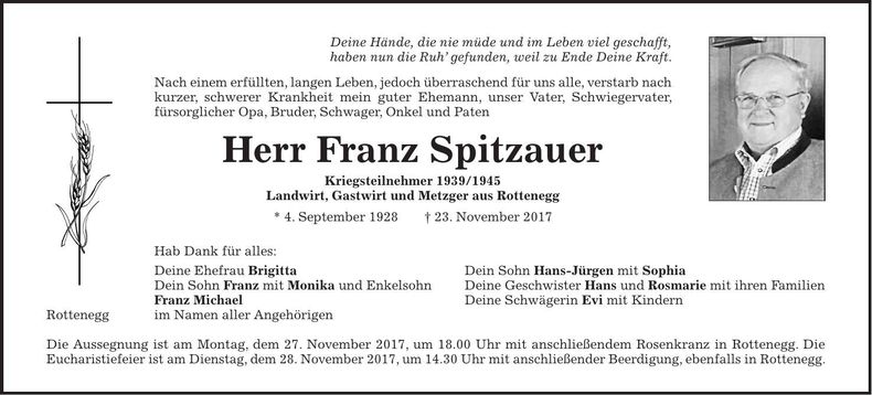 Traueranzeige Franz Spitzauer