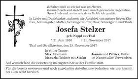 Traueranzeige Josefa Stelzer