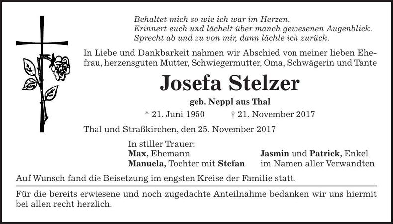 Traueranzeige Josefa Stelzer