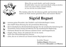 Traueranzeige Sigrid Regent