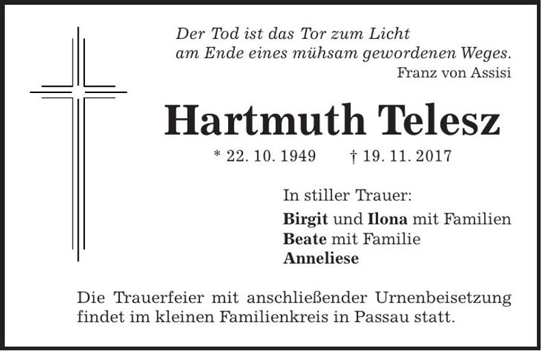 Traueranzeige Hartmuth Telesz