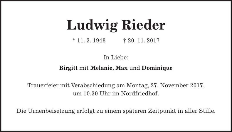 Traueranzeige Ludwig Rieder