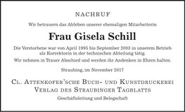 Traueranzeige Gisela Schill