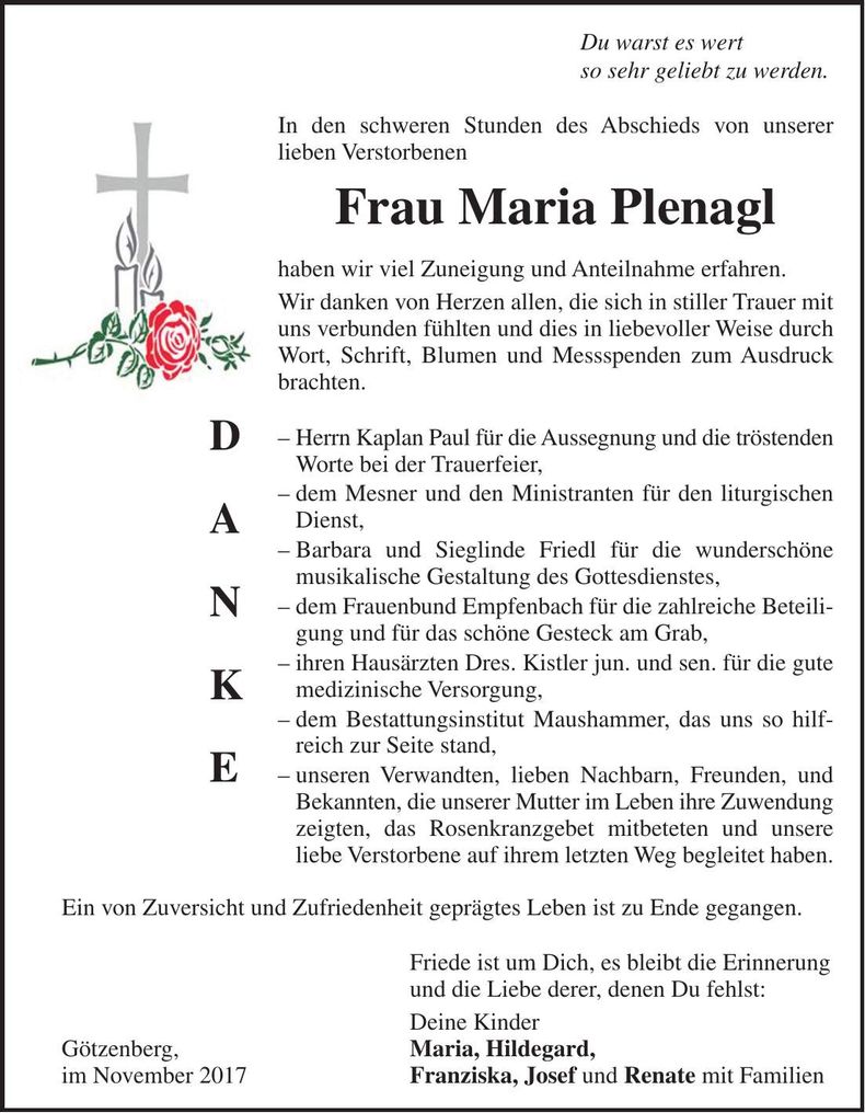 Traueranzeige Maria Plenagl