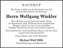 Traueranzeige Winkler Wolfgang