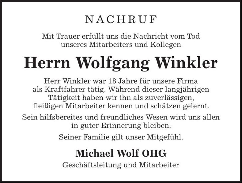 Traueranzeige Winkler Wolfgang