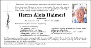 Traueranzeige Alois Haimerl