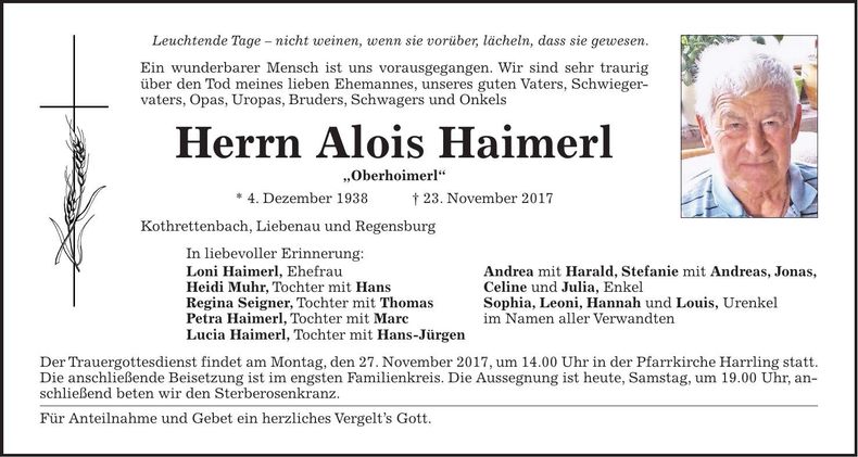 Traueranzeige Alois Haimerl