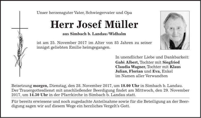 Traueranzeige Josef Müller