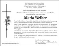 Traueranzeige Maria Weiher