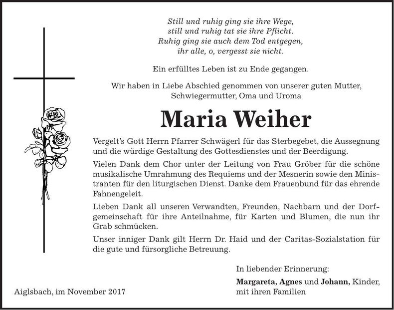 Traueranzeige Maria Weiher