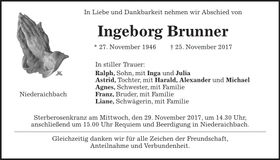 Traueranzeige Ingeborg Brunner