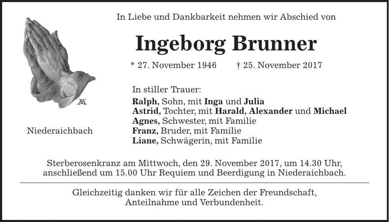 Traueranzeige Ingeborg Brunner