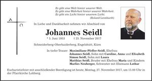 Traueranzeige Johannes Seidl
