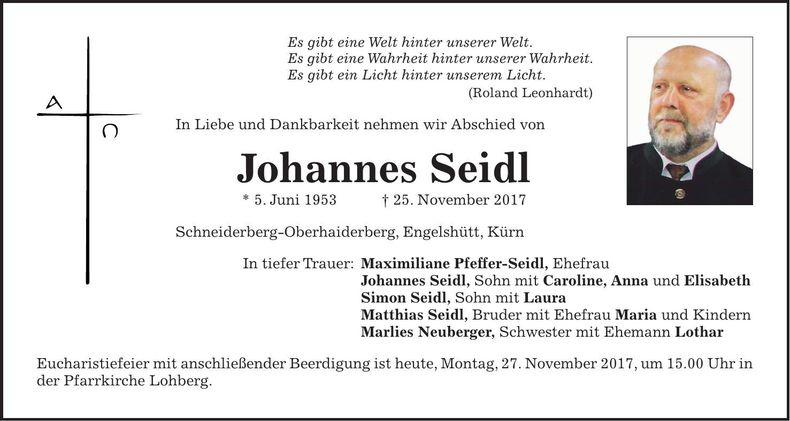 Traueranzeige Johannes Seidl