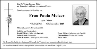 Traueranzeige Paula Melzer
